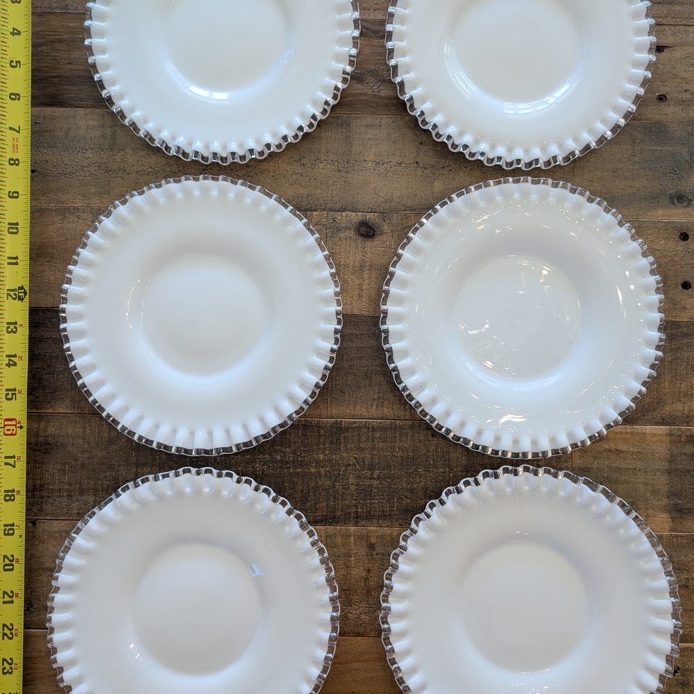 Set of Six Vintage Milk Glass Plates with Clear Fluted Edges